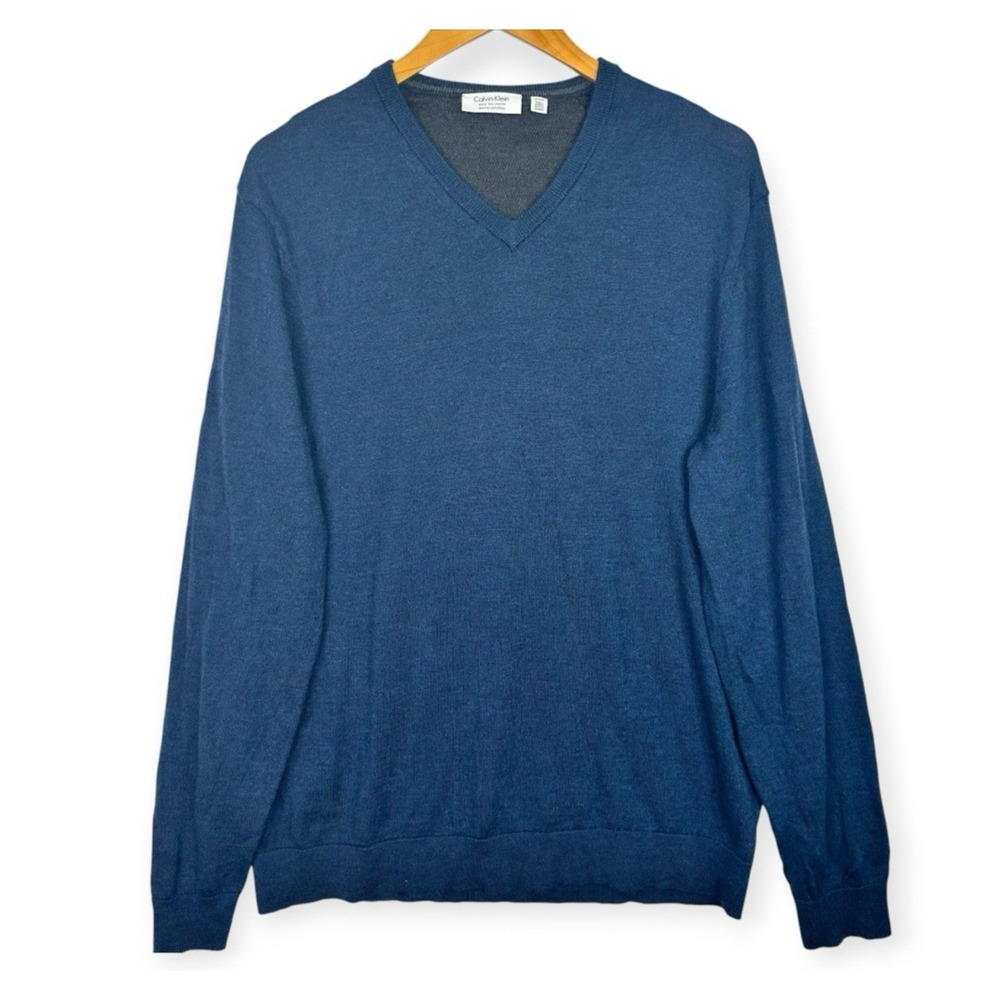 Calvin Klein 100% Extra Fine Merino Wool V Neck Sweater Blue Long Sleeve Mens XL